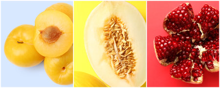 Different fresh fruits on colorful backgrounds, collageの写真素材
