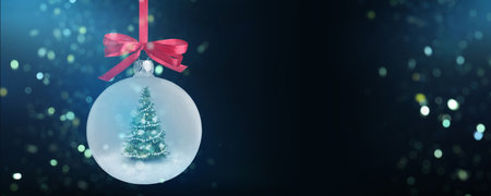 Christmas ball with fir tree inside and bokeh lights on greeting cardの写真素材