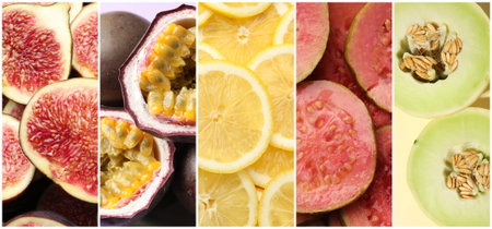 Bright collage with different fresh fruits, top view