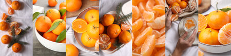 Collage with fresh tangerines, banner design. Citrus fruitの写真素材
