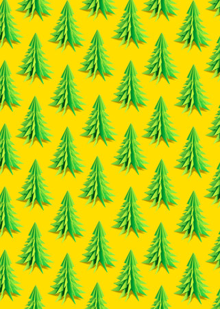 Christmas tree pattern design. Repetitive origami on yellow background