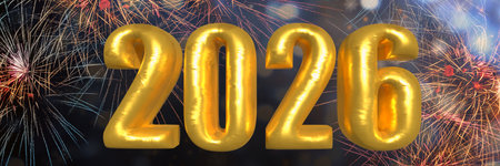 Merry Christmas and Happy New Year card with golden numbers 2026, fireworks and bokeh lights. Bokeh...