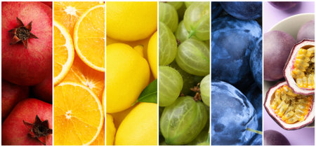Collage with different fresh fruits and berriesの写真素材