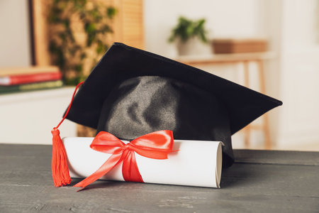 Diploma and graduation hat on gray wooden table indoors, closeupの写真素材