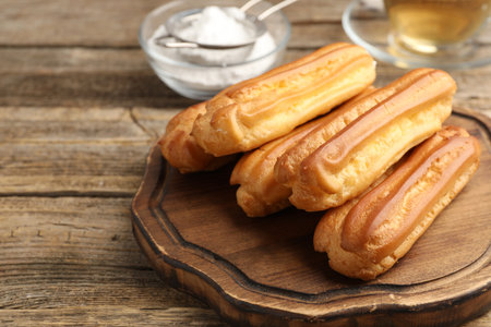 Tasty eclairs, powdered sugar and tea on wooden table, closeupの写真素材