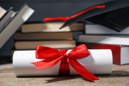 Diploma, graduation hat and books on wooden table, selective focusの写真素材