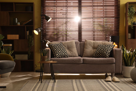 Living room interior with comfortable sofa, other furniture and decor