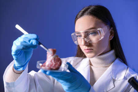Scientist working with sample of meat in laboratoryの写真素材