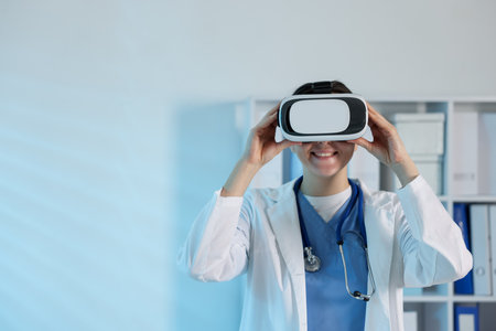 Modern technology. Doctor using virtual reality headset in office. Space for textの写真素材