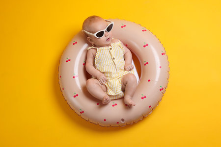 Cute little baby with sunglasses on inflatable ring against orange background, top viewの写真素材