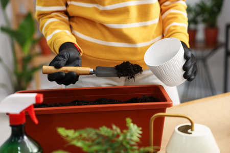Transplanting houseplant. woman putting soil into pot at wooden table, closeup