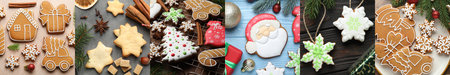 Christmas collage with tasty cookies. Happy winter holidays