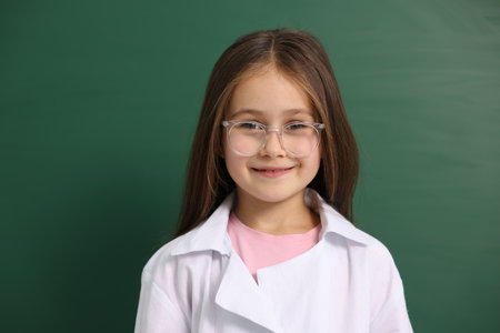 Smiling little girl in laboratory coat and glasses near green chalkboard. Child and scienceの写真素材