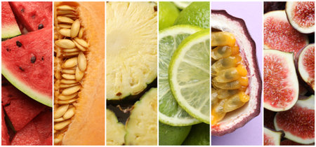 Bright collage with different fresh fruits, top viewの写真素材