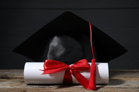 Diploma and graduation hat on wooden table, closeupの写真素材