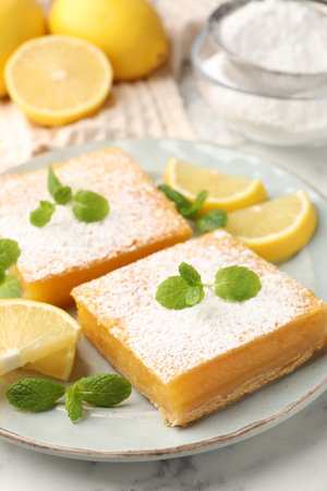 Tasty lemon bars with powdered sugar, mint and fresh fruits on white marble table, closeupの写真素材