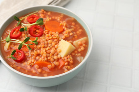 Delicious lentil soup with vegetables in bowl on white tiled table, closeup. Space for textの写真素材