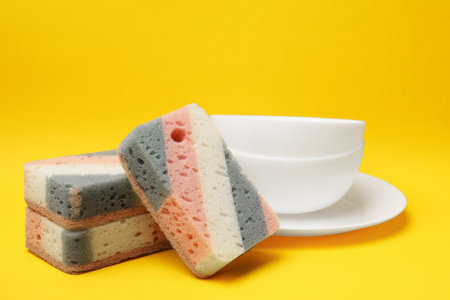 Kitchen sponges and dishes on yellow background, closeupの写真素材