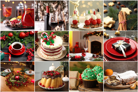 Christmas collage with treats, drinks and decor. Happy winter holidaysの写真素材