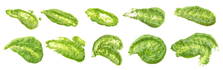Set of fresh pesto sauce isolated on white, top viewの写真素材