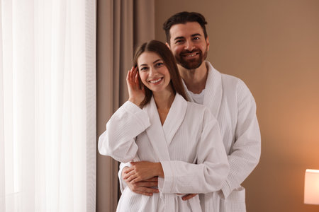 Happy couple wearing bathrobes in hotel room.の写真素材