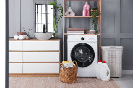 Modern washing machine, detergents, houseplants and clothes indoorsの写真素材