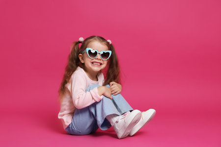 Smiling little girl in sunglasses on pink background. Space for textの写真素材