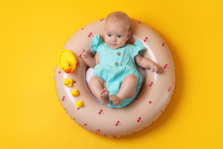 Cute little baby with toy ducks on inflatable ring against orange background, top viewの写真素材