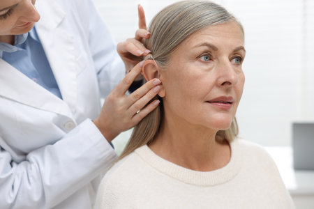 Doctor putting hearing aid into patient's ear in clinic, closeupの写真素材