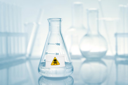 Conical flask on table. Laboratory glassware with skull and crossbones labelの写真素材