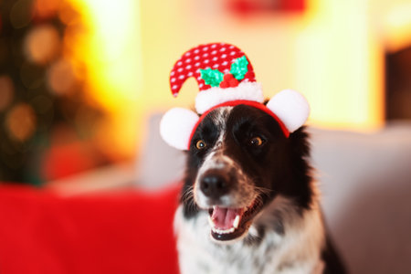 Cute dog in funny headband on armchair at home, space for text. Christmas atmosphereの写真素材