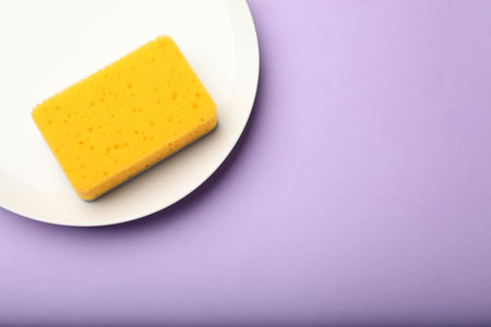 Kitchen sponge and plate on violet background, top view. Space for textの写真素材