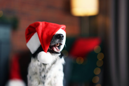 Cute dog with Santa hat at home, space for text. Christmas atmosphereの写真素材