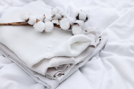 Folded clean laundry and cotton flowers on bed, closeupの写真素材