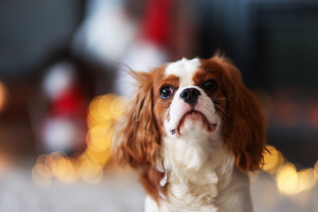 Cute dog in room decorated for Christmasの写真素材
