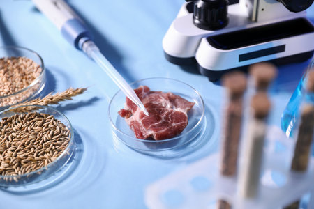 Petri dishes with product samples and micropipette on light blue table, closeupの写真素材