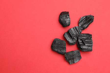 Pieces of black coal on red background, top view. Space for textの写真素材