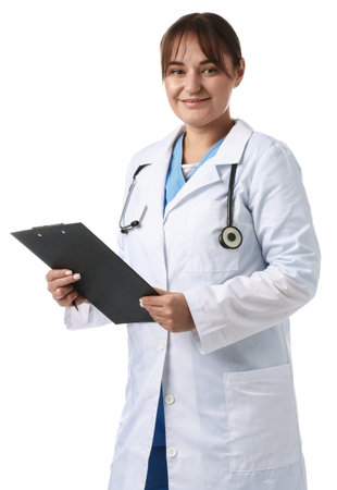Doctor in medical uniform with stethoscope and clipboard on white backgroundの写真素材