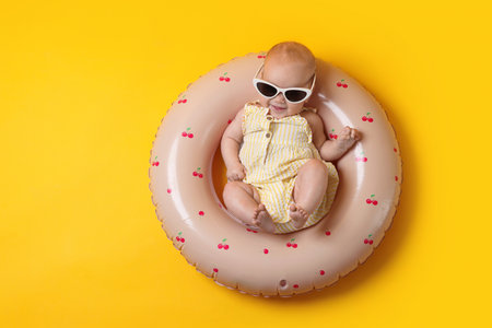 Cute little baby with sunglasses on inflatable ring against orange background, top viewの写真素材