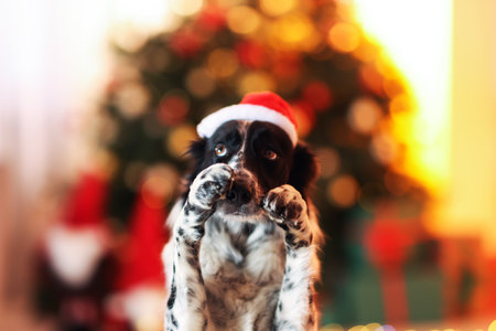 Cute dog with Santa hat in room decorated for Christmas