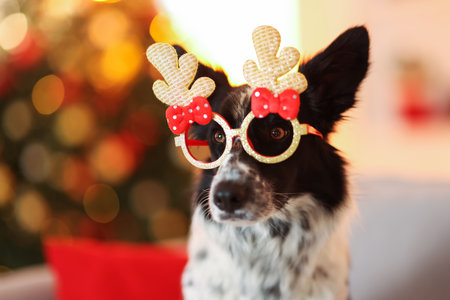 Cute dog in funny glasses at home, space for text. Christmas atmosphereの写真素材