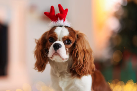 Cute dog in funny headband at home. Christmas atmosphereの写真素材