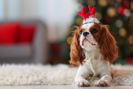 Cute dog in funny headband on floor at home, space for text. Christmas atmosphereの写真素材
