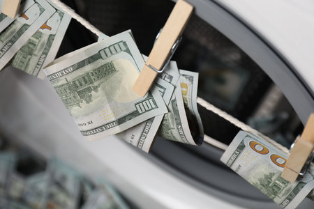 Banknotes hanging on clothesline near washing machine, closeup