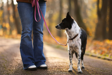 Woman walking her cute dog in autumn park, closeupの写真素材