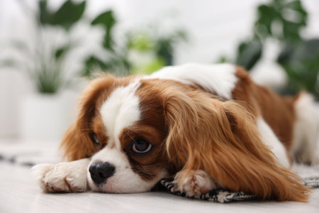 Cute dog and green houseplants at homeの写真素材