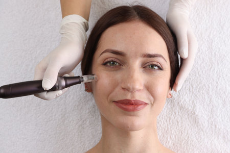Woman undergoing microneedling procedure in beauty salon, top view