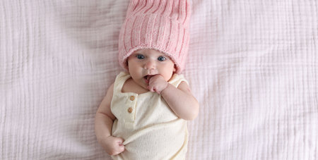 Cute newborn baby in knitted hat on bed, top view