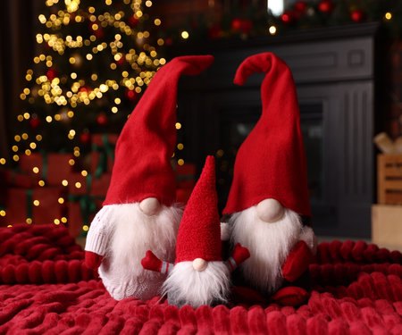 Funny Christmas gnomes on red blanket in decorated roomの写真素材
