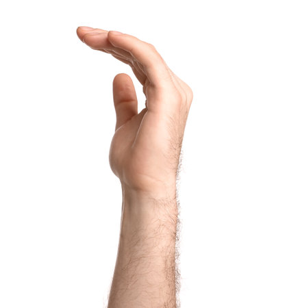 Man showing palm on white background, closeupの写真素材